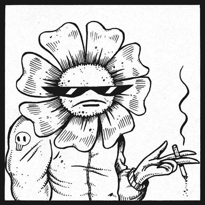 Charcoal ink drawing of a flower in sunglasses, holding a cigarette.